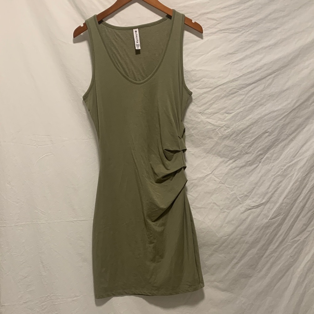 EUC Athleta Light Olive Ruched Side Midi Dress Size Medium